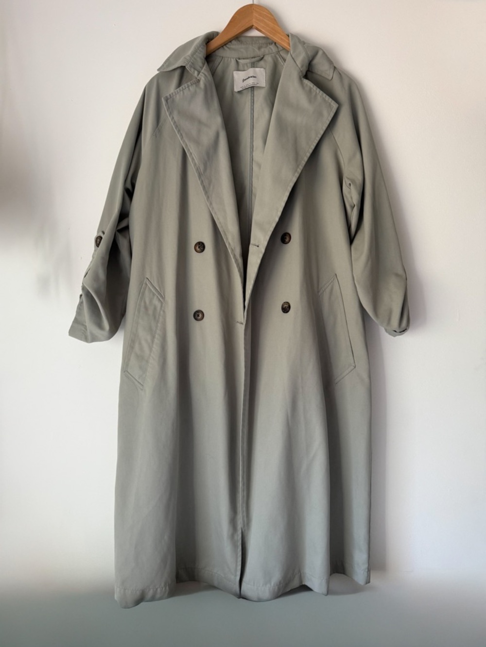Stradivarius Sage Green Lightweight Trench Coat Minimal Duster Size S